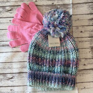 Girls Striped Knit Pom Hat & Gloves Set by Falls Creek NWT